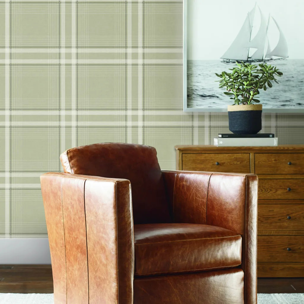 Living room showcases York Wallcoverings' Country Club Plaid wallpaper, a classic Beige and Cream design.