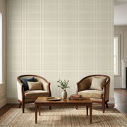 Living Room - Featuring Country Club Plaid wallpaper in Warm Ivory by York Wallcoverings, creating a sophisticated ambiance.