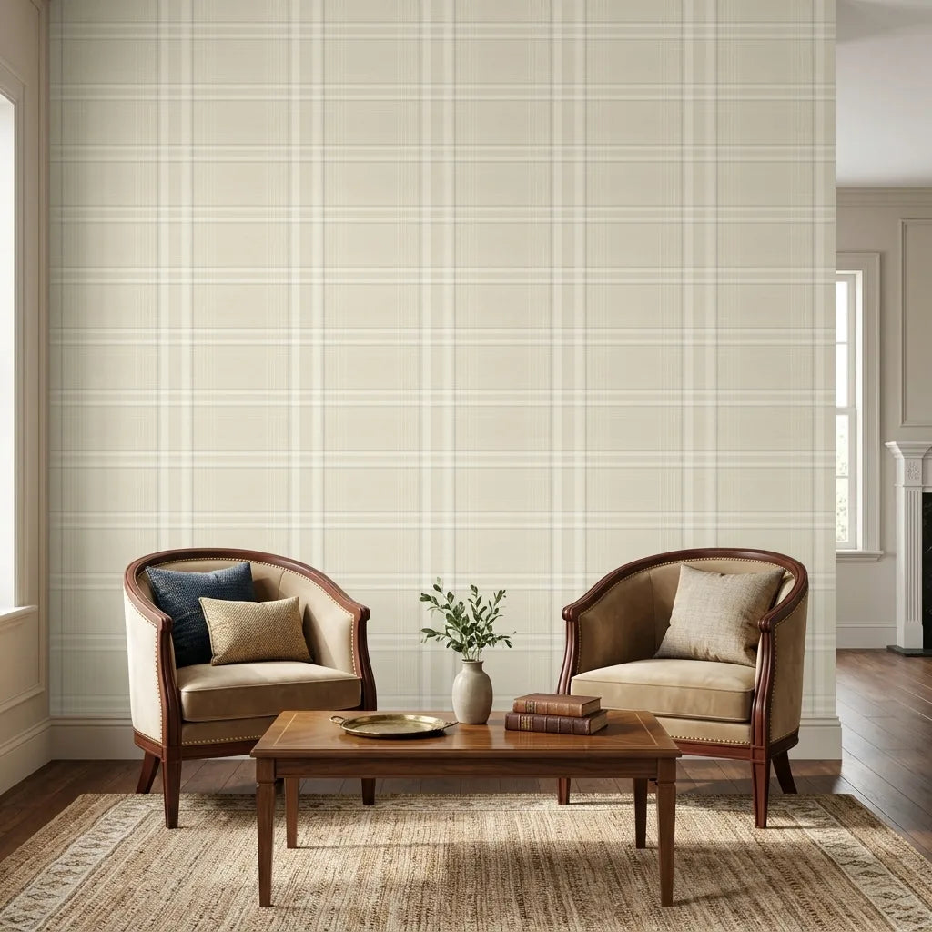 Living Room - Featuring Country Club Plaid wallpaper in Warm Ivory by York Wallcoverings, creating a sophisticated ambiance.