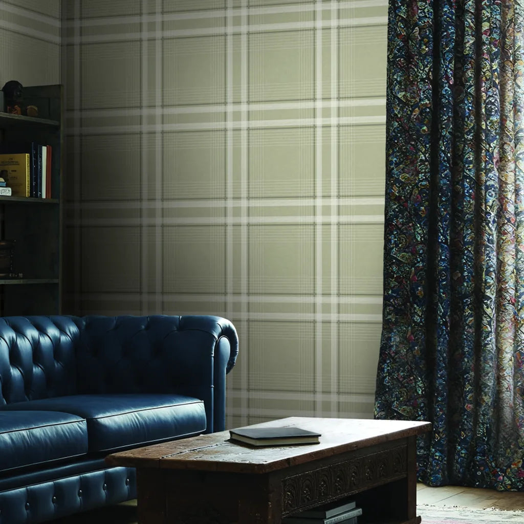 Living room featuring Beige & Cream Country Club Plaid wallpaper by York Wallcoverings, creating a cozy, stylish space.