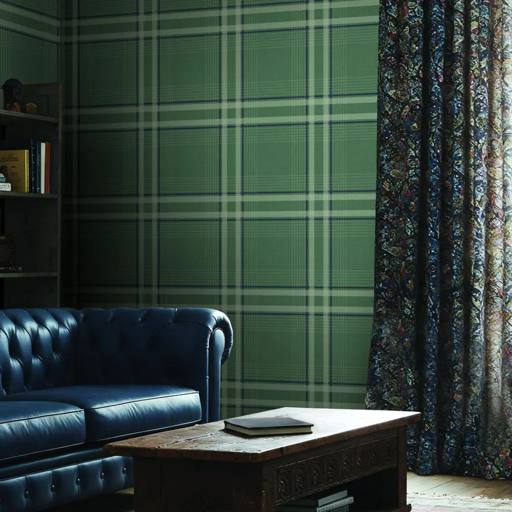 Living room with Sage Green "Country Club Plaid" wallpaper by York Wallcoverings, creating a cozy and stylish space.