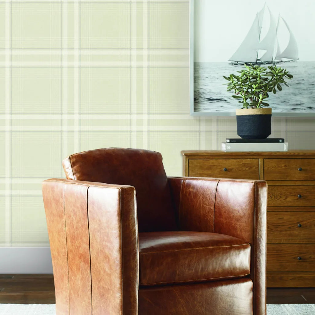 Living room with elegant Warm Ivory Country Club Plaid wallpaper by York Wallcoverings, creating a cozy and stylish space.