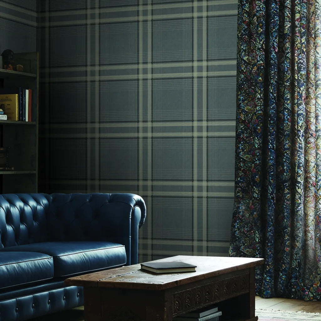 Elegant living room showcasing York Wallcoverings' Country Club Plaid wallpaper in sophisticated Charcoal and Beige.