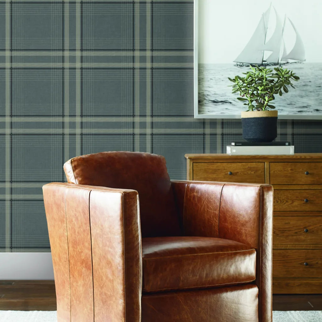 Living room featuring elegant Country Club Plaid wallpaper in Charcoal and Beige by York Wallcoverings, creating a sophisticated space.