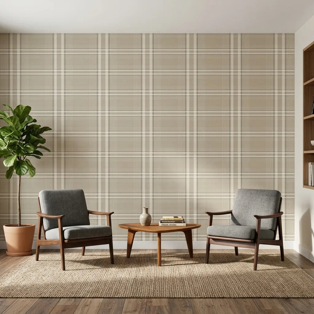 Living Room - Elegant space featuring York Wallcoverings' Country Club Plaid wallpaper in classic Beige and Cream.
