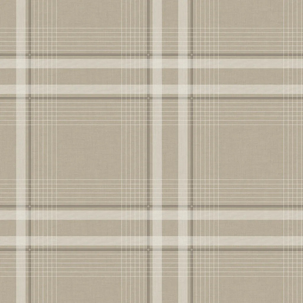 York Wallcoverings Country Club Plaid wallpaper pattern swatch featuring a classic beige and cream plaid design.