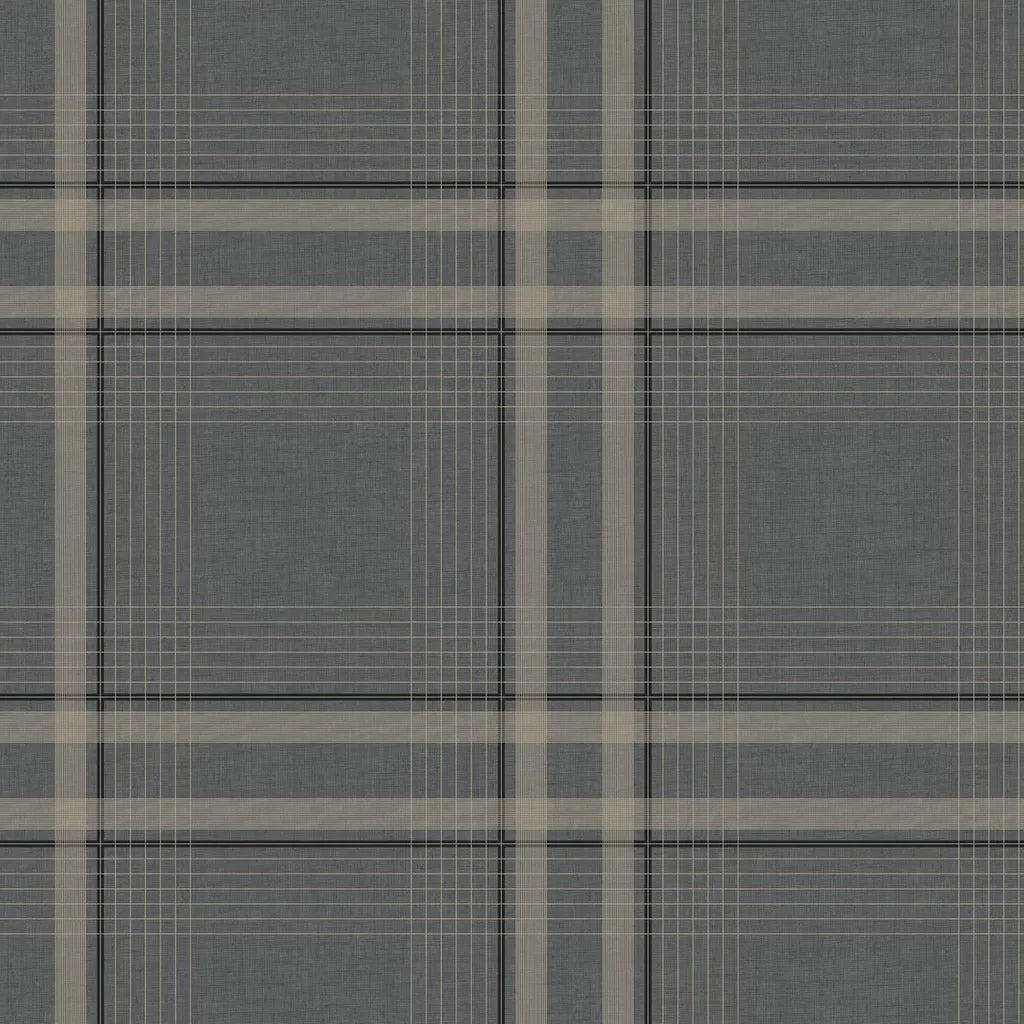 A swatch of York Wallcoverings' Country Club Plaid wallpaper pattern in sophisticated Charcoal and Beige (SKU 4211-83565).