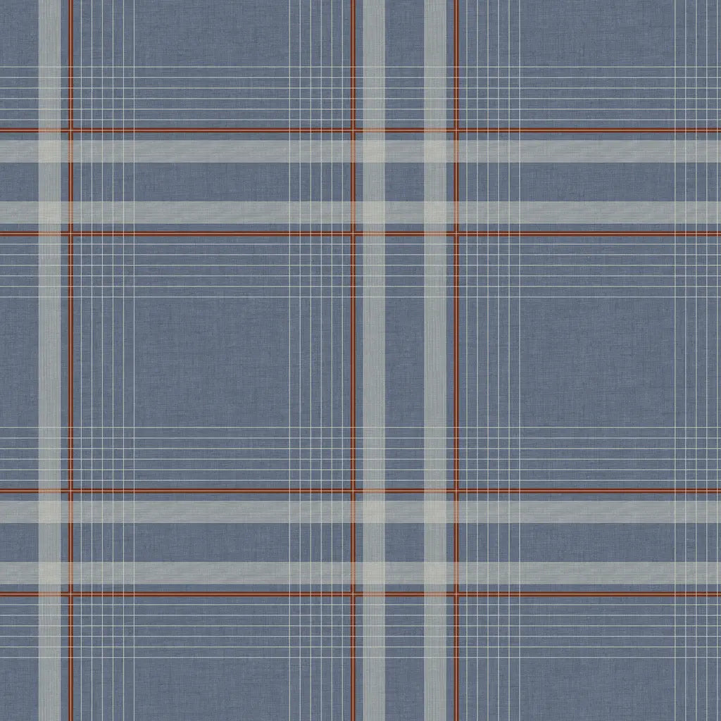 York Wallcoverings Country Club Plaid wallpaper pattern swatch in Dusty Blue.