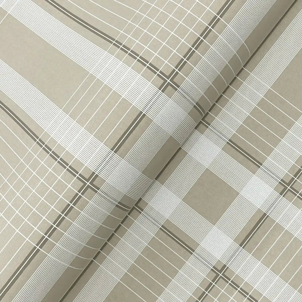 Detailed texture of York Wallcoverings Beige & Cream Country Club Plaid wallpaper, showcasing its luxurious woven pattern.