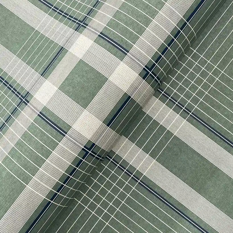 Close-up texture detail of York Wallcoverings Country Club Plaid wallpaper in Sage Green.