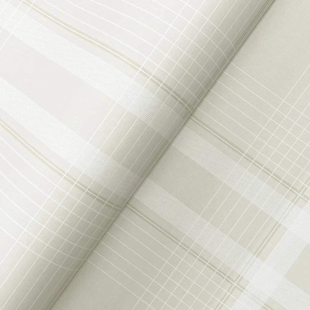 Close-up texture of York Wallcoverings' Country Club Plaid wallpaper in warm ivory, highlighting its intricate woven detail.