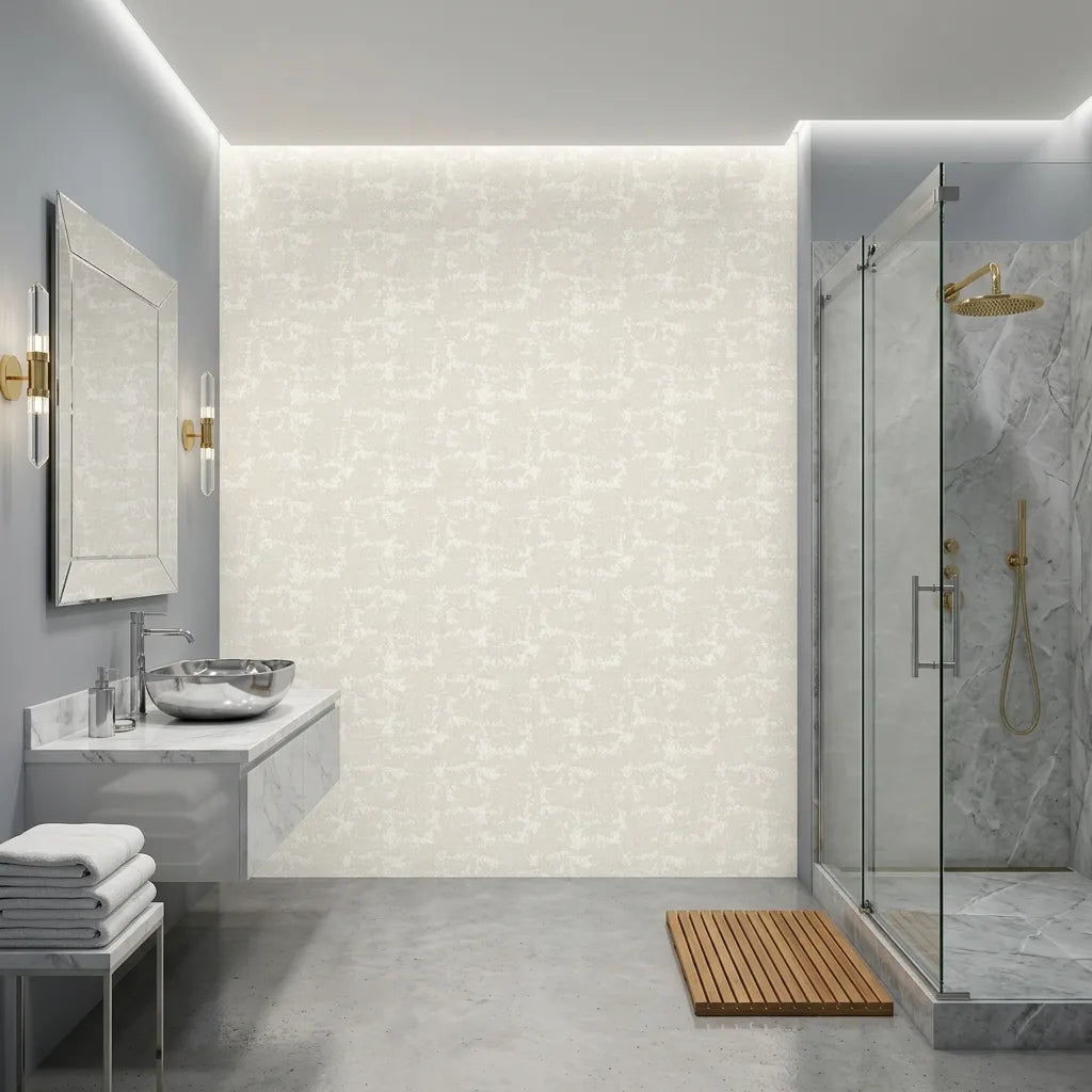 Bathroom - Elegant space featuring "Crystal Cloud" wallpaper in Warm Ivory by York Wallcoverings, adding a sophisticated, serene touch.