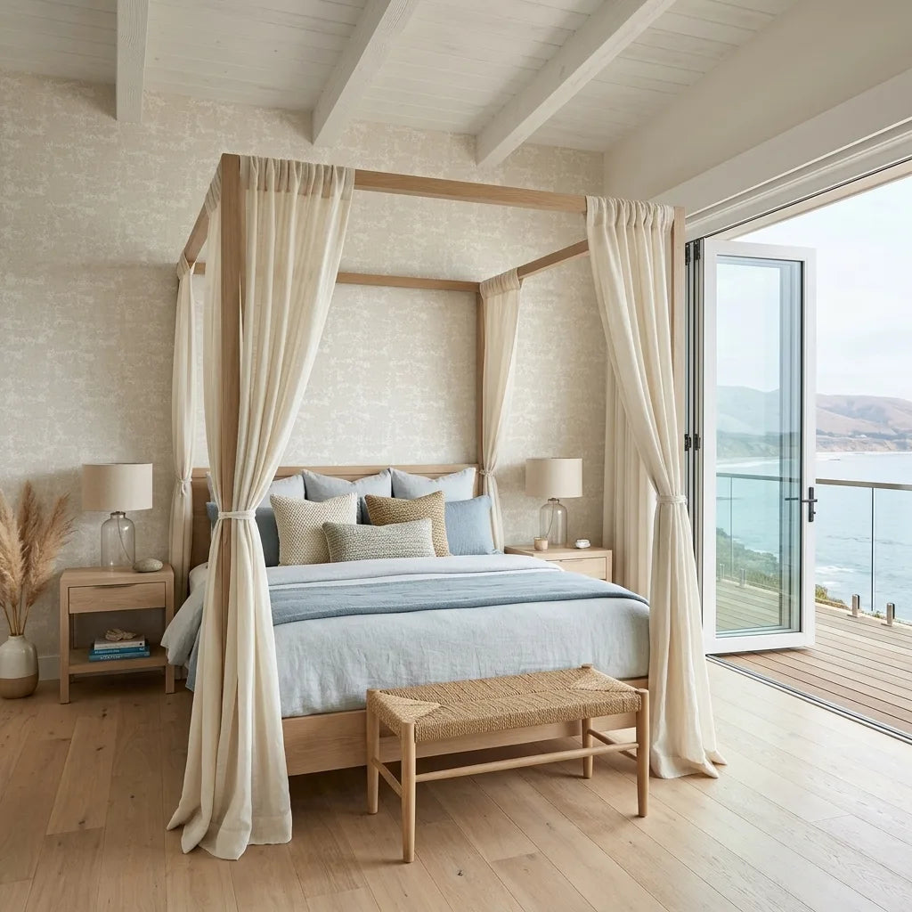 Bedroom - Elegant bedroom showcasing York Wallcoverings' 'Crystal Cloud' wallpaper in a serene Warm Ivory hue for a luxurious feel.