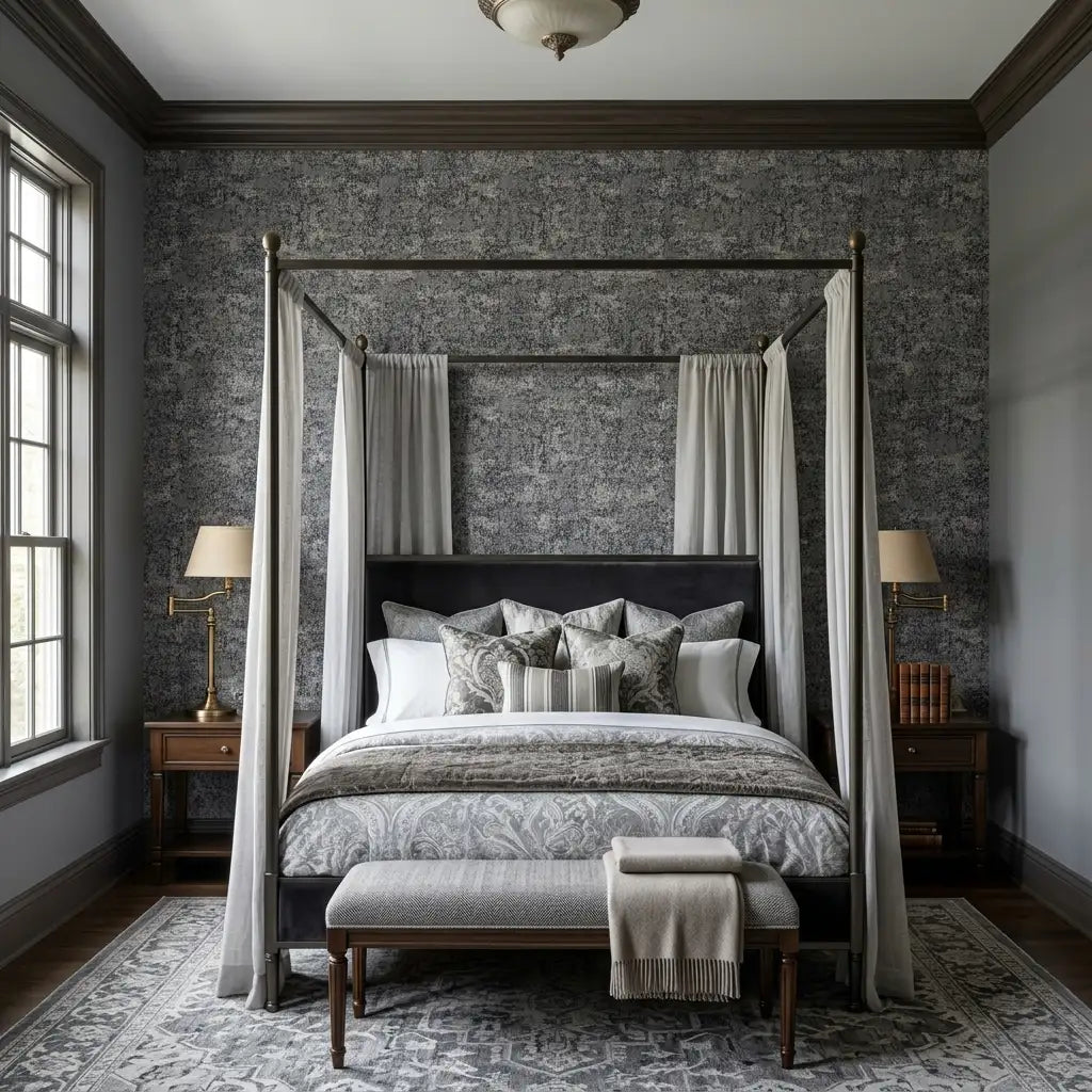 Bedroom - Modern bedroom showcasing elegant York Wallcoverings "Crystal Cloud" wallpaper in a stylish grey and black design.
