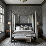 Bedroom - Modern bedroom showcasing elegant York Wallcoverings "Crystal Cloud" wallpaper in a stylish grey and black design.