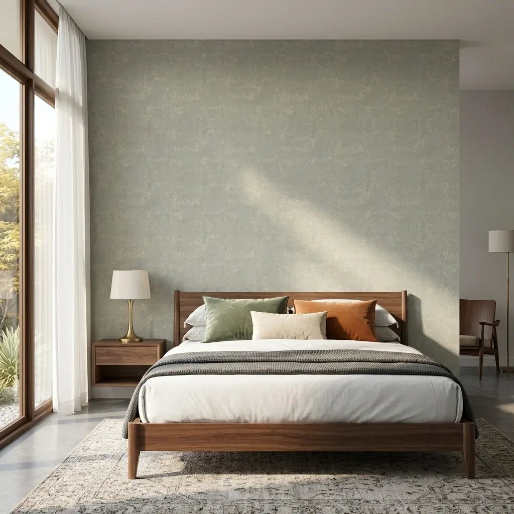 Bedroom - Serene bedroom features 'Crystal Cloud' wallpaper in Grey-Green by York Wallcoverings, creating a dreamy, calming space.