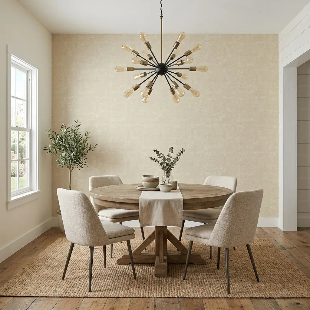 Dining Room - Elegant dining space featuring Warm Ivory Crystal Cloud wallpaper from York Wallcoverings.