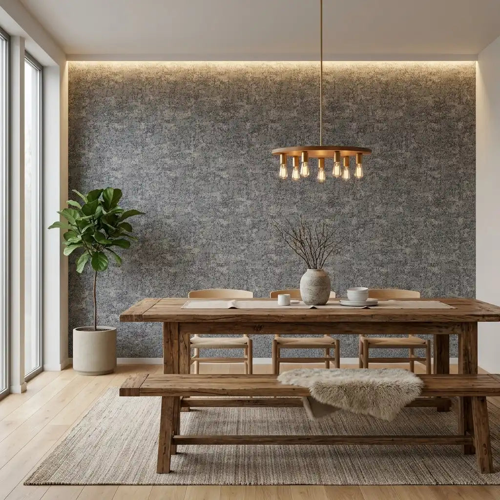 Dining Room - Elegant dining space featuring Grey and Black 'Crystal Cloud' wallpaper by York Wallcoverings, creating a sophisticated ambiance.