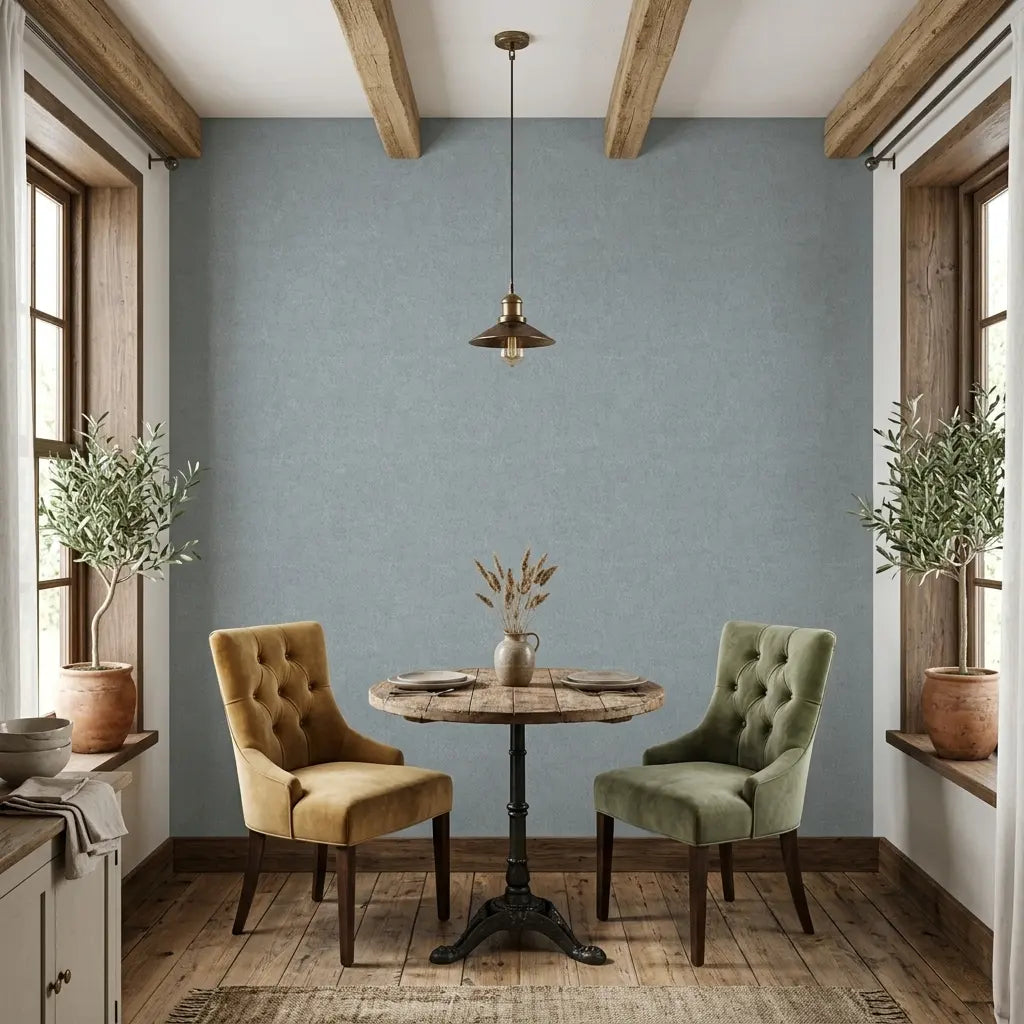 Dining Room - Features elegant Dusty Blue 'Crystal Cloud' wallpaper by York Wallcoverings, creating a sophisticated and airy feel.