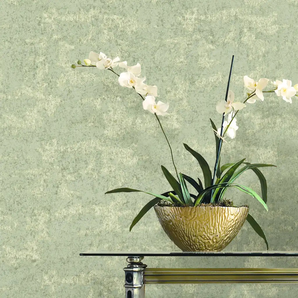 Greige Crystal Cloud wallpaper by York Wallcoverings adds elegant texture to a chic entryway, creating an inviting first impression.
