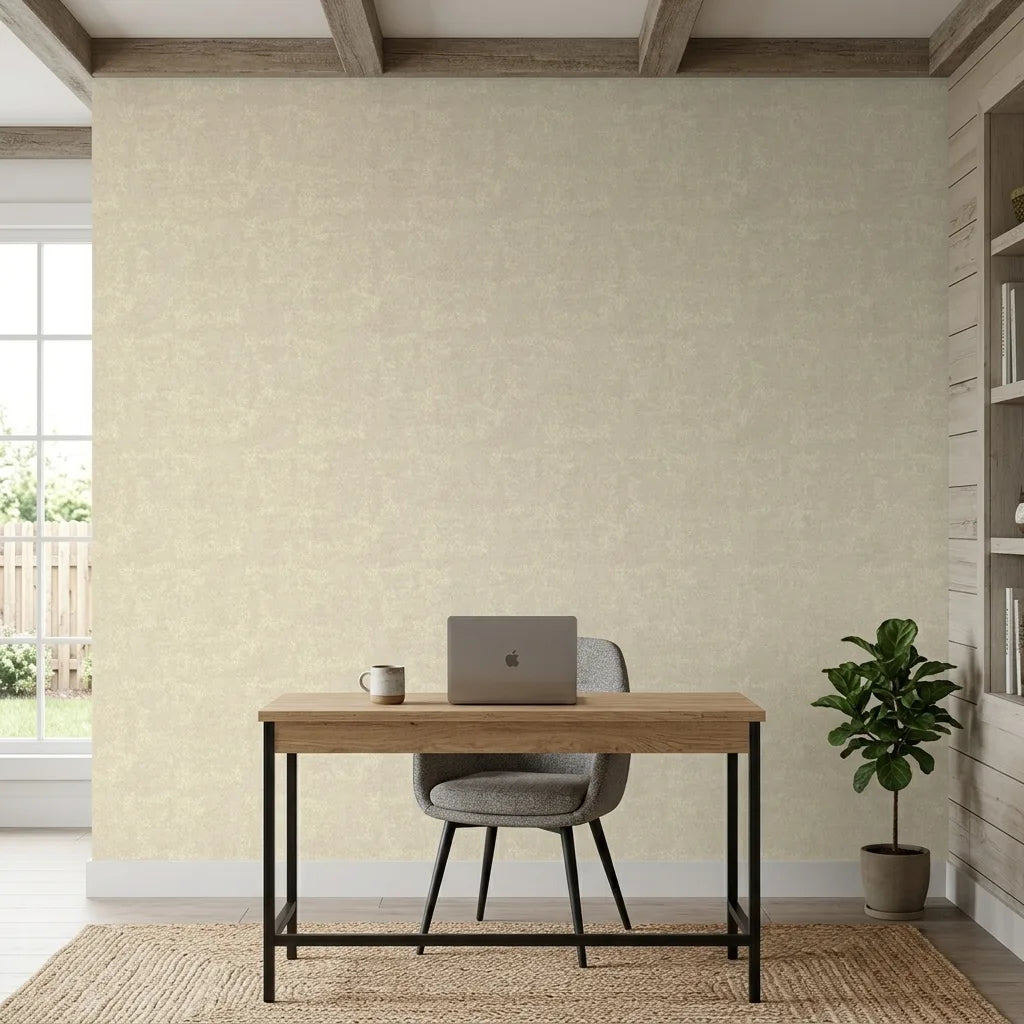 Home Office - Elegant space with 'Crystal Cloud' wallpaper in Warm Ivory by York Wallcoverings, creating a serene and stylish work area.