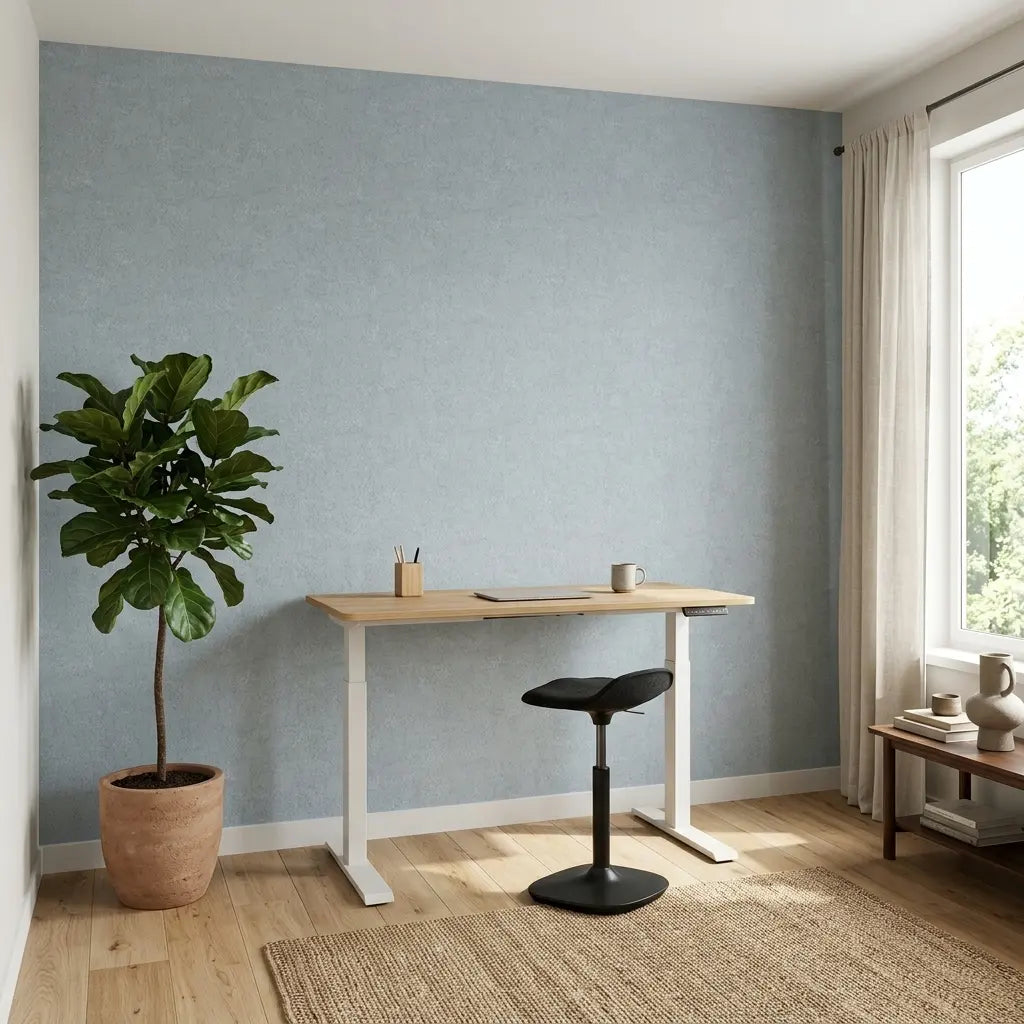 Home Office - Serene workspace featuring 'Crystal Cloud' wallpaper in Dusty Blue by York Wallcoverings for a calming aesthetic.