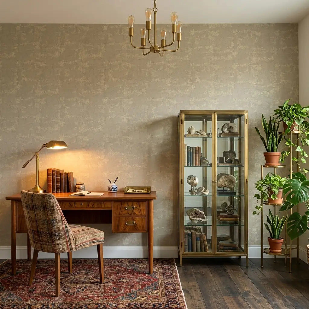 Home Office - Elegant space featuring Greige 'Crystal Cloud' wallpaper by York Wallcoverings for a serene, modern look.