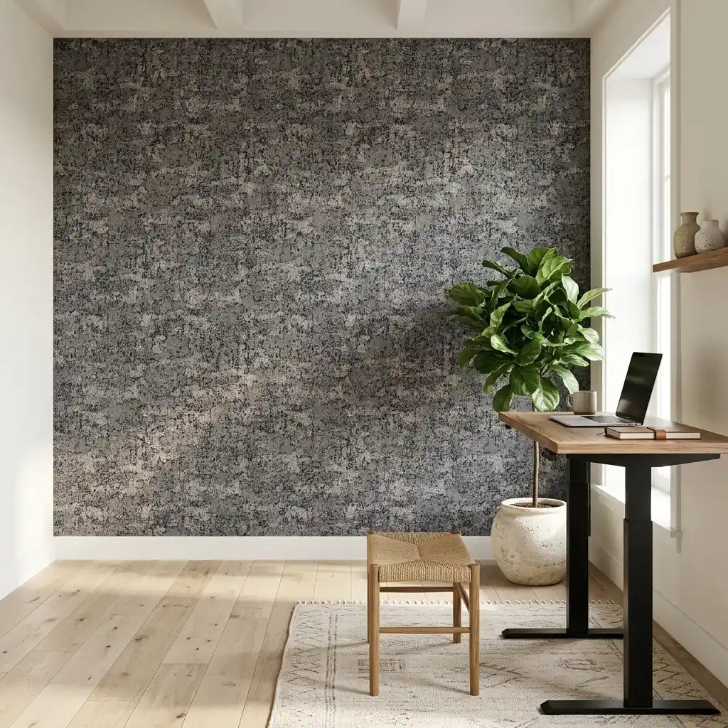 Home Office - Featuring "Crystal Cloud" wallpaper in Grey and Black by York Wallcoverings, creating a stylish and productive workspace.