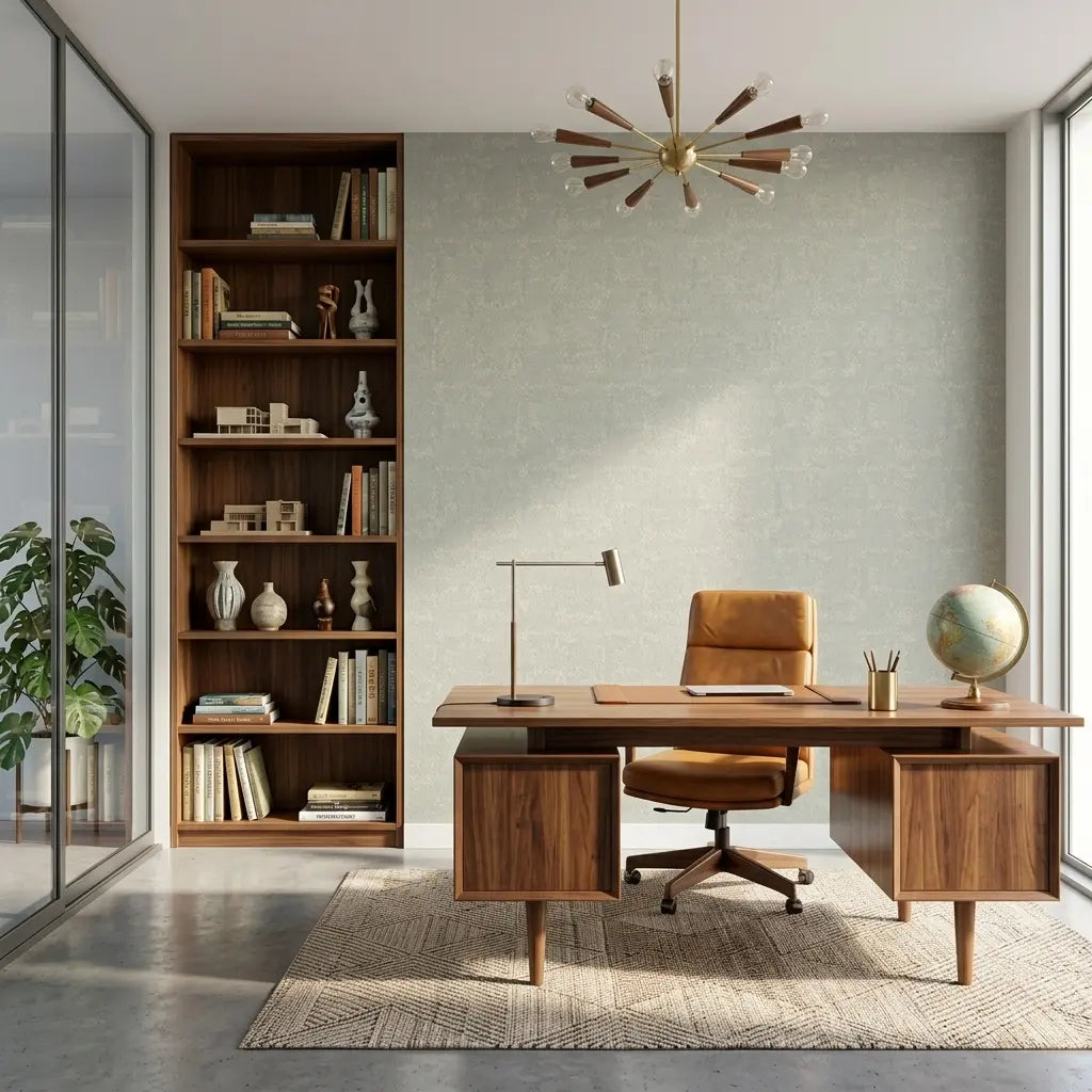 Home Office - Serene workspace featuring 'Crystal Cloud' wallpaper in Grey-Green by York Wallcoverings for a calming ambiance.