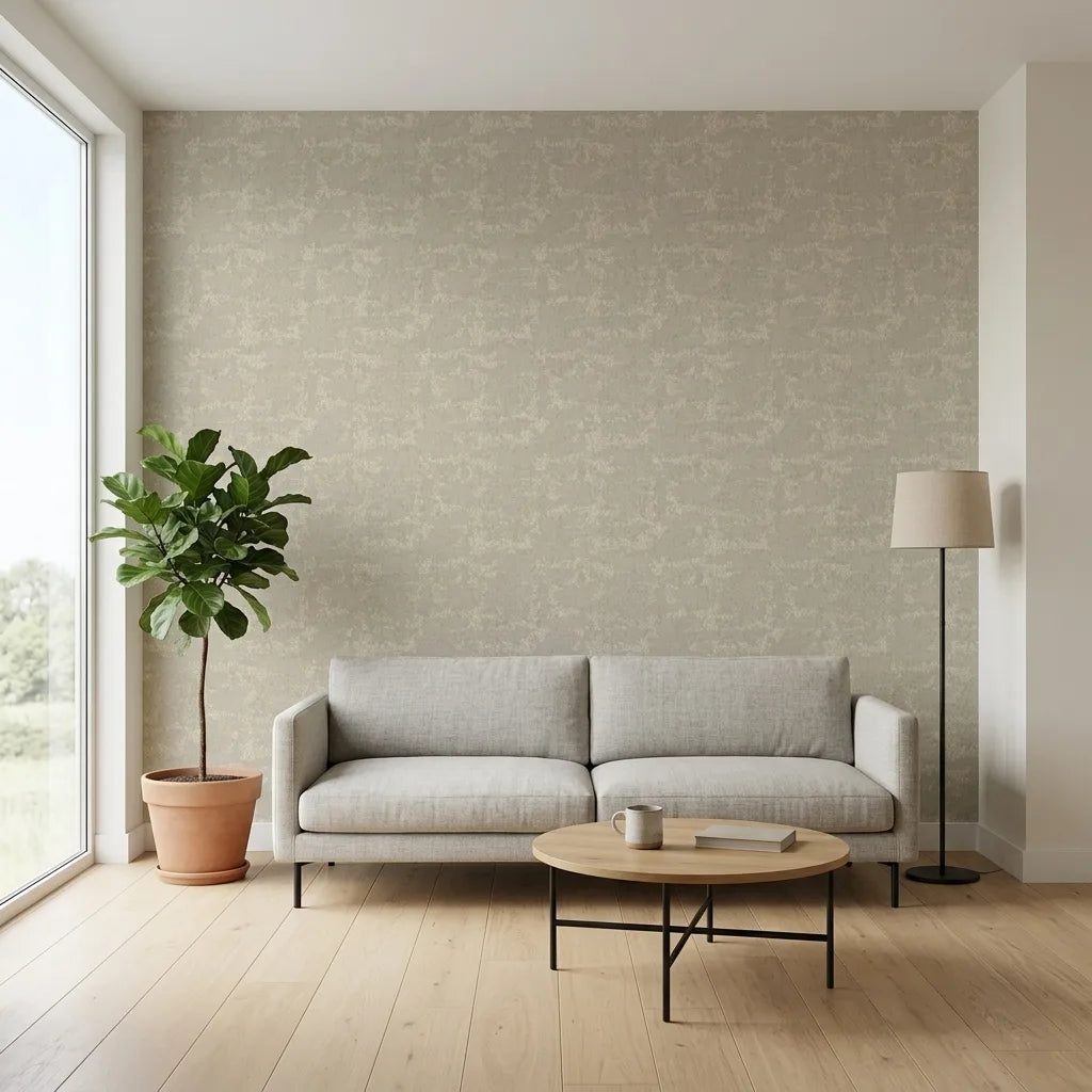 Living Room - Greige 'Crystal Cloud' wallpaper by York Wallcoverings enhances this elegant living space with subtle texture.
