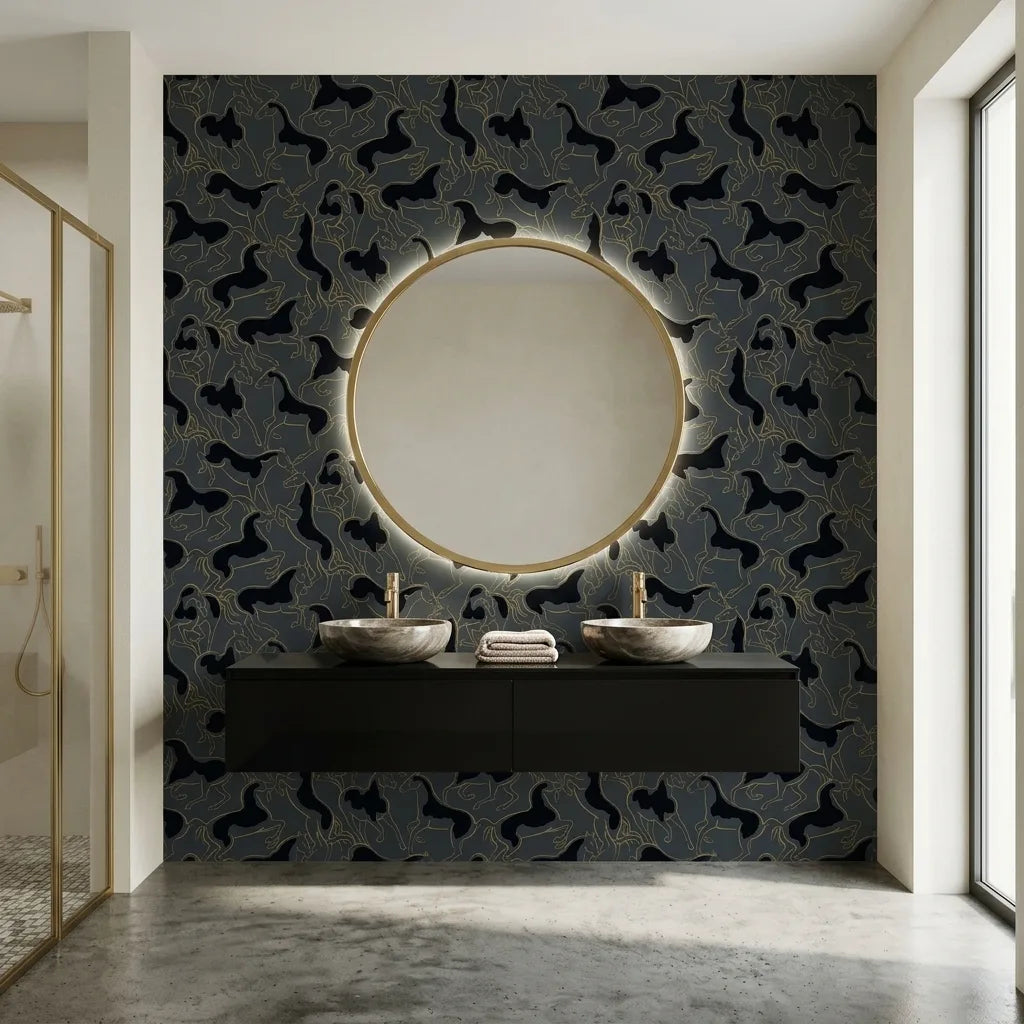 Bathroom - Stunning bathroom showcases Dressage wallpaper in Slate Blue and Gold, a luxurious design from York Wallcoverings.
