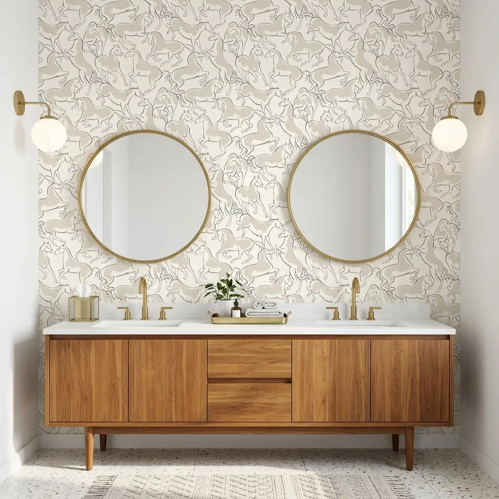Bathroom - Stylish bathroom with York Wallcoverings' Dressage wallpaper, a chic Cream and Beige equine pattern.