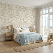 Bedroom - York Wallcoverings' Light Beige Dressage wallpaper brings sophisticated equestrian charm to this bedroom.