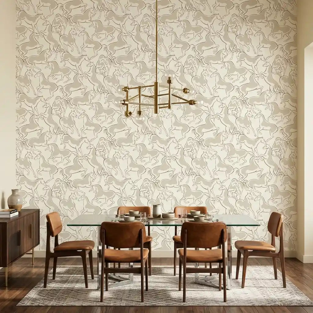 Dining Room - Elegant dining room with "Dressage" wallpaper in Light Beige by York Wallcoverings, creating a sophisticated ambiance.