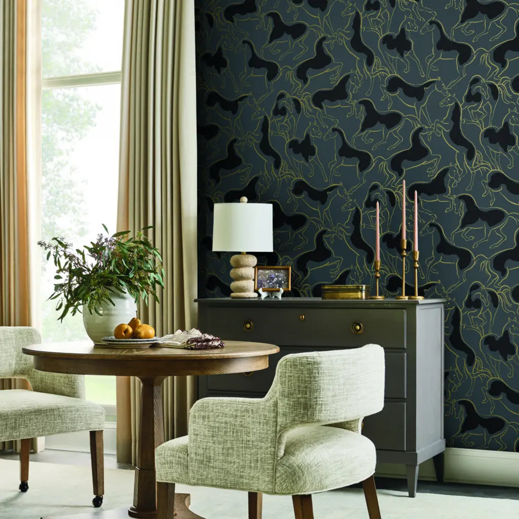 Elegant dining room featuring York Wallcoverings' Dressage wallpaper in Slate Blue and Gold, creating a sophisticated ambiance.