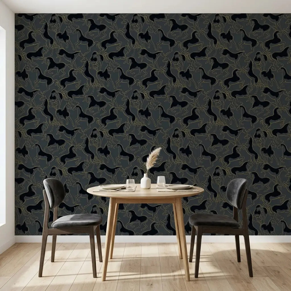 Dining Room - Features stunning Dressage wallpaper by York Wallcoverings in elegant Slate Blue and Gold, creating a luxurious space.
