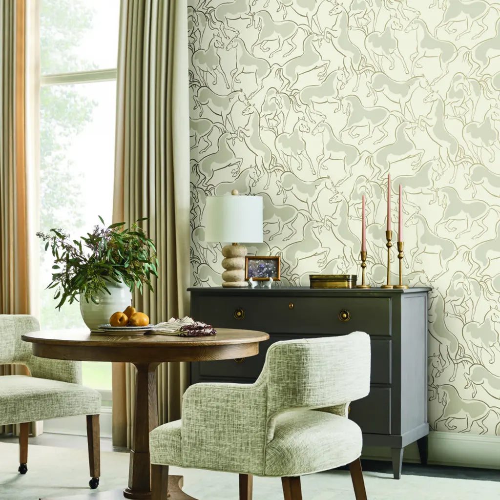 Dining room featuring elegant 'Dressage' wallpaper in Light Beige by York Wallcoverings, perfect for stylish entertaining.