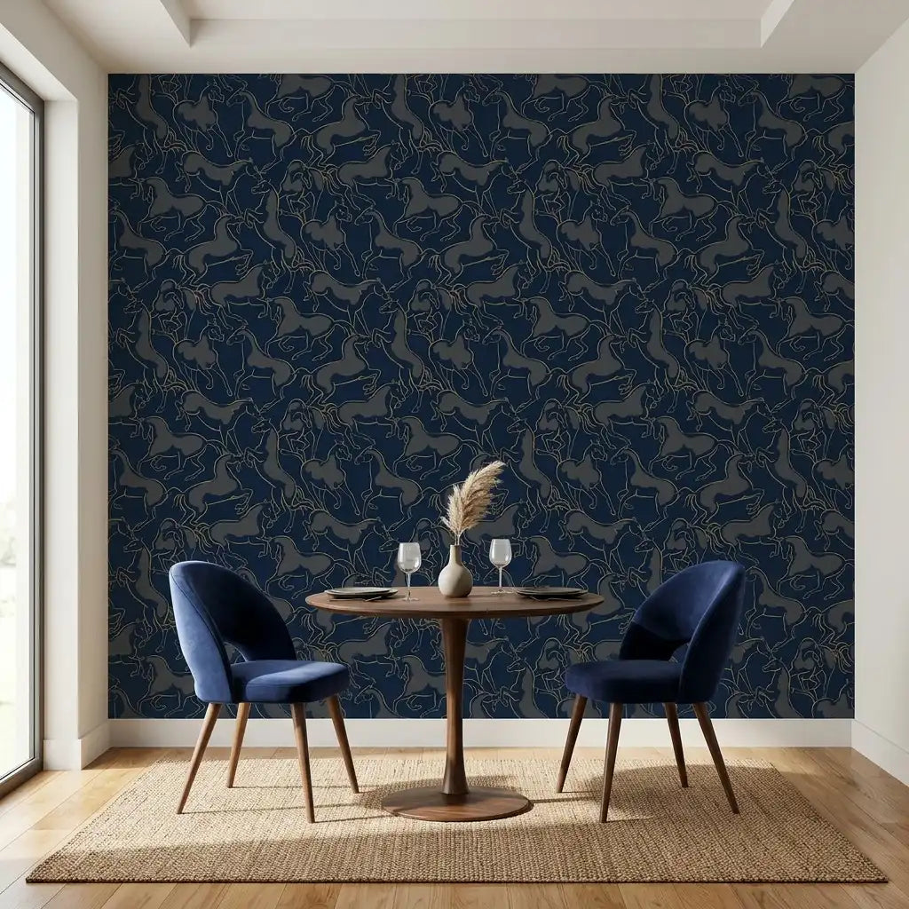 Dining Room - Elegant dining space showcasing York Wallcoverings' Dressage wallpaper in Navy, Grey, Gold.