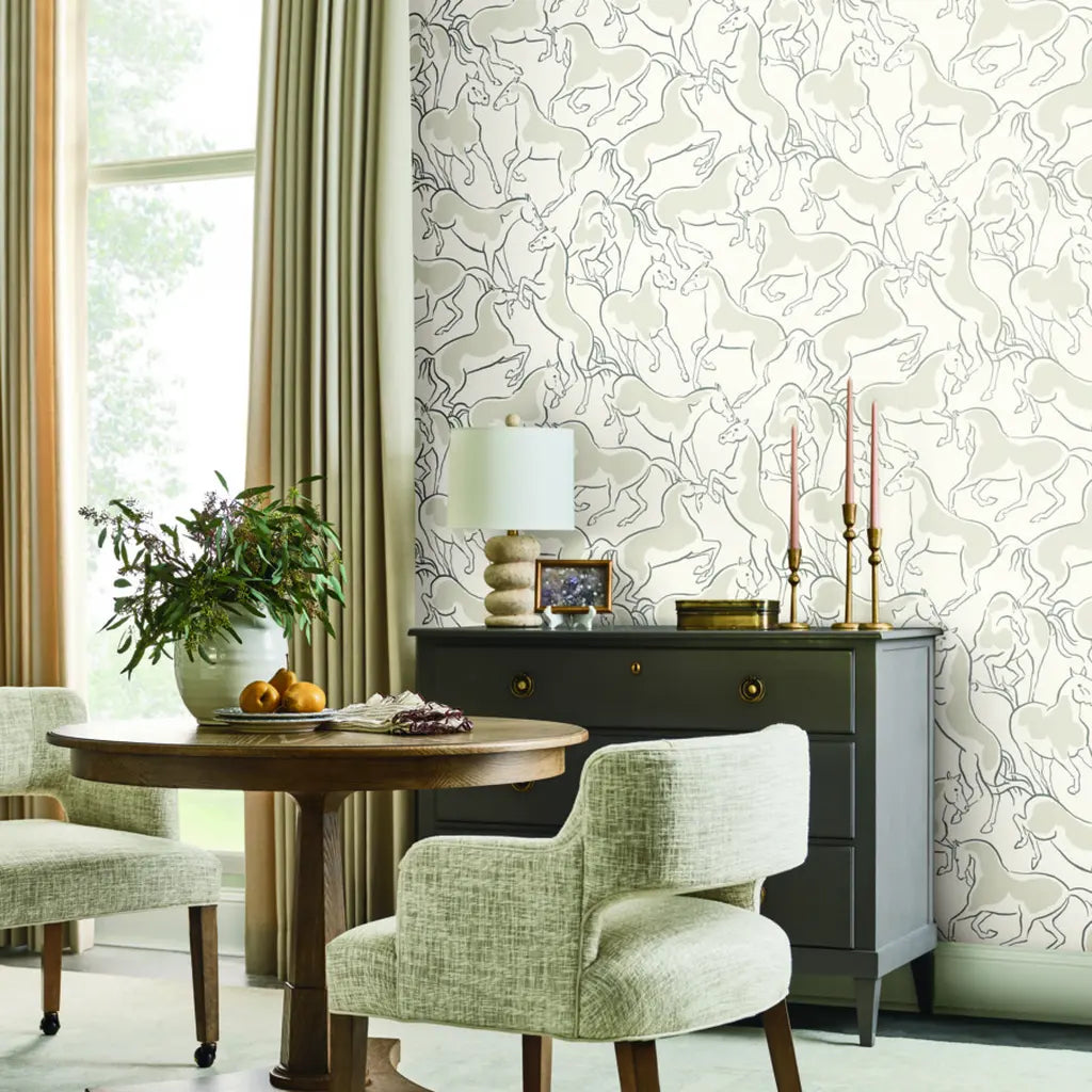 Dining room featuring elegant Dressage wallpaper in Cream and Beige by York Wallcoverings.
