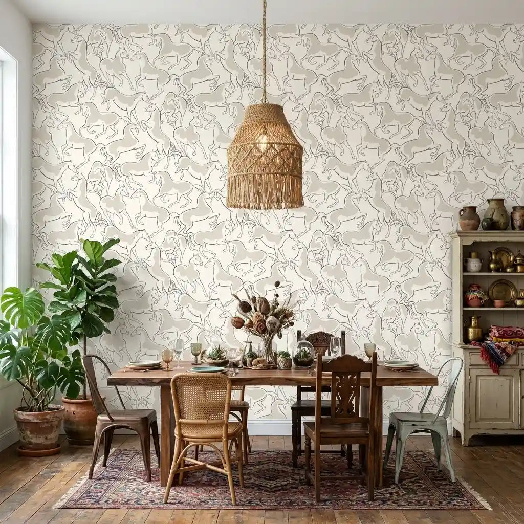 Dining Room - Sophisticated dining room featuring "Dressage" wallpaper in Cream and Beige from York Wallcoverings.