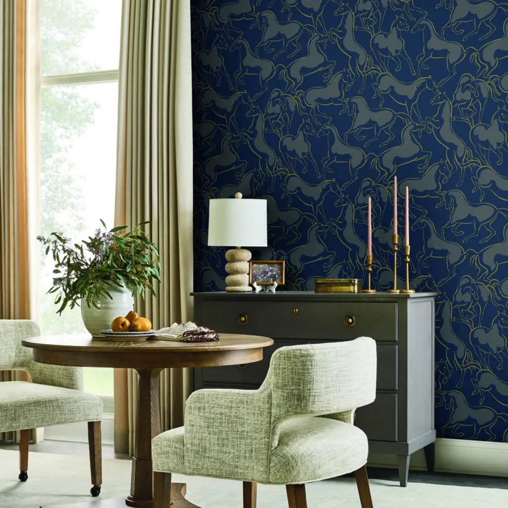 Elegant dining room showcasing York Wallcoverings' Dressage wallpaper in sophisticated Navy, Grey, and Gold tones.