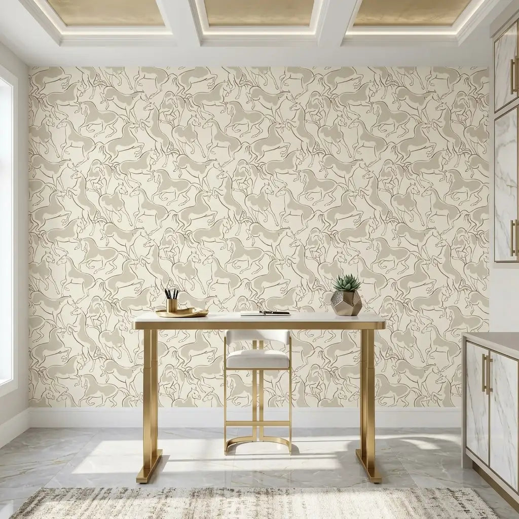 Home Office - Elegant workspace featuring York Wallcoverings' Dressage wallpaper in Light Beige for a sophisticated look.