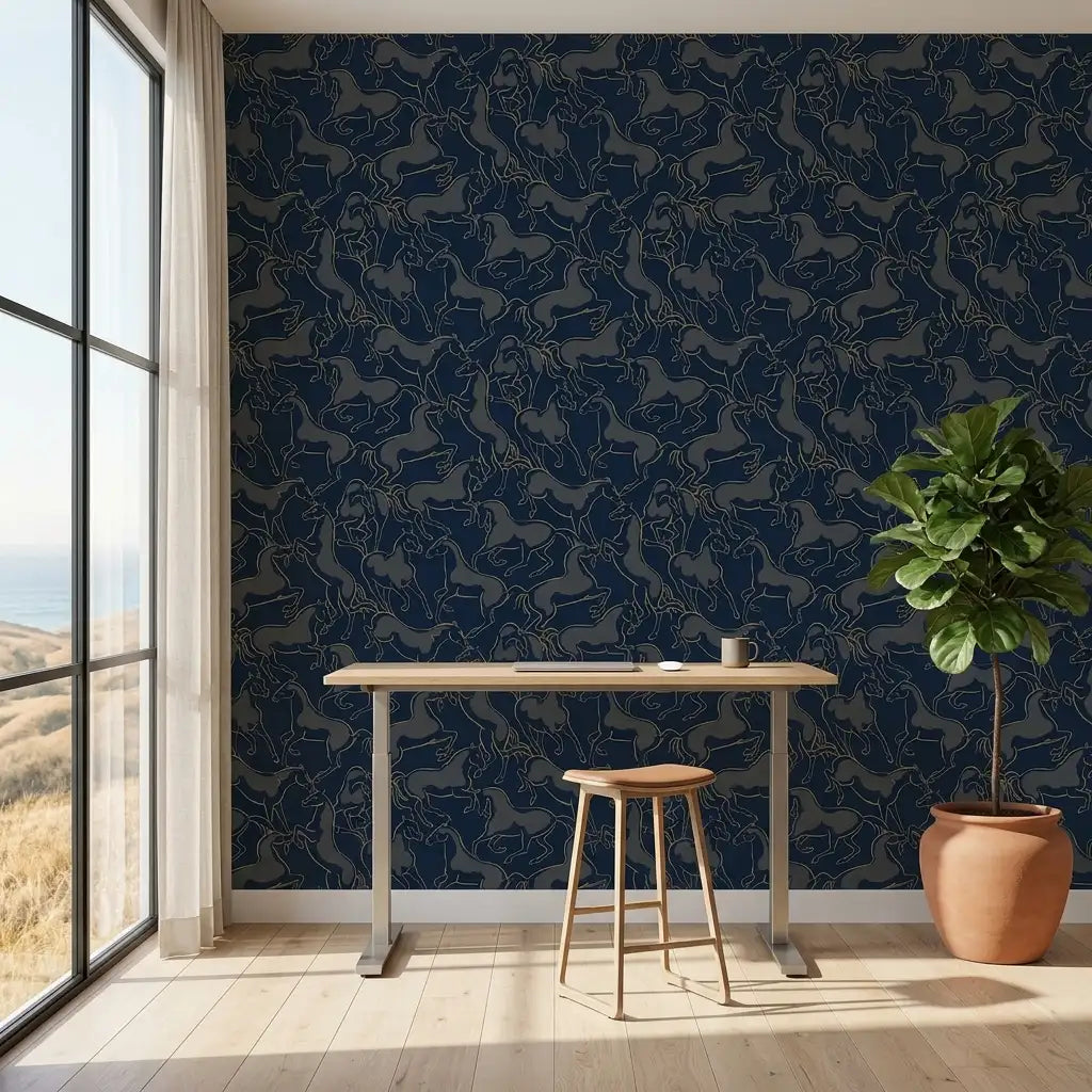 Home Office - Elegant space featuring Dressage wallpaper in Navy, Grey, Gold by York Wallcoverings.