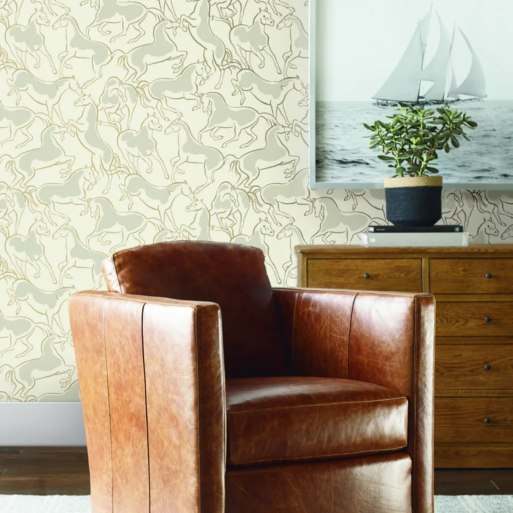 Elegant living room showcases Dressage wallpaper in Light Beige by York Wallcoverings, adding sophistication to the space.