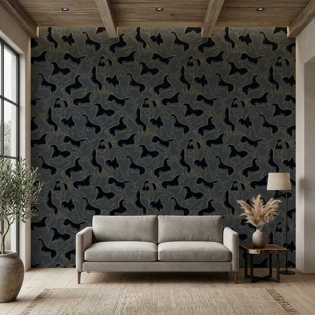 Living Room - Elegant living room showcasing York Wallcoverings 'Dressage' wallpaper in sophisticated Slate Blue and Gold.