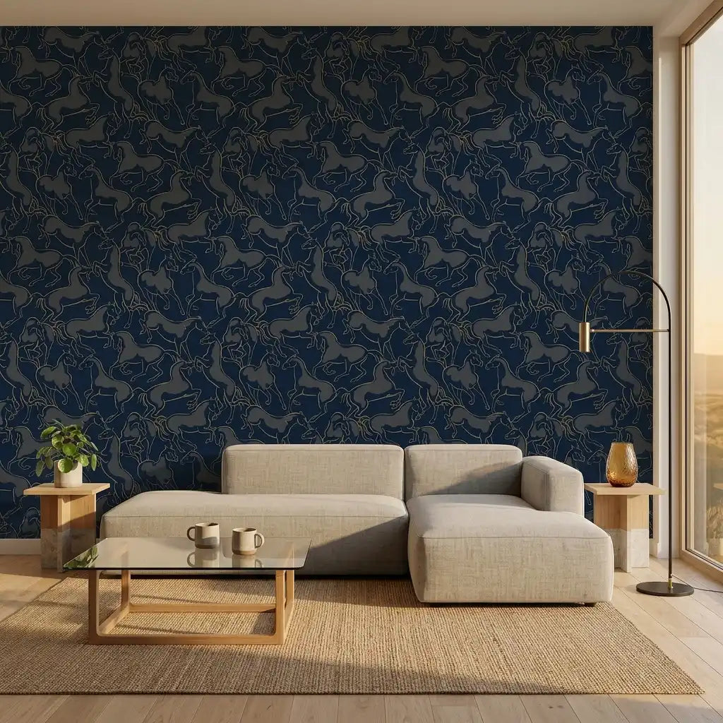 Living Room - Elegant living room featuring York Wallcoverings' Dressage wallpaper in sophisticated Navy, Grey, and Gold.