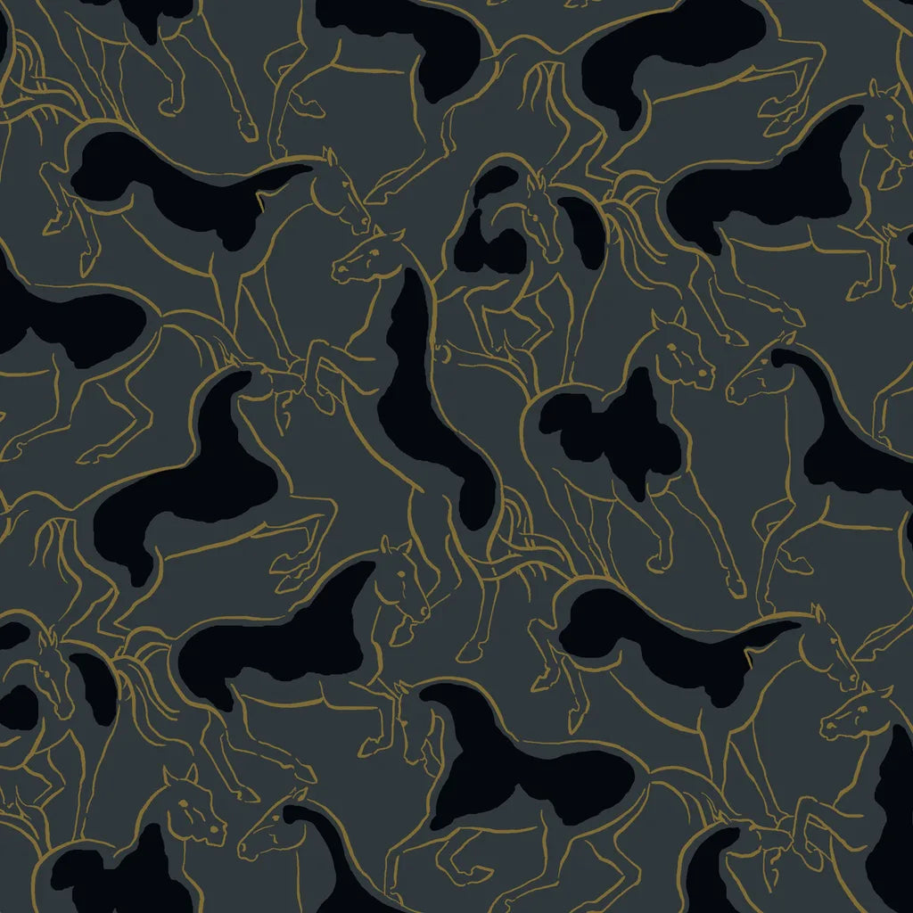 York Wallcoverings Dressage wallpaper pattern swatch in Slate Blue and Gold, SKU 4211-83504.