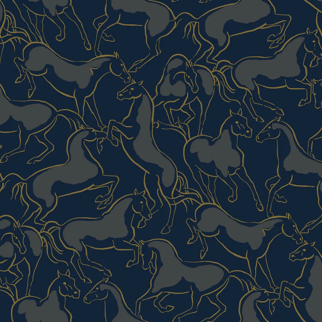 York Wallcoverings Dressage wallpaper pattern swatch in navy, grey, and gold.