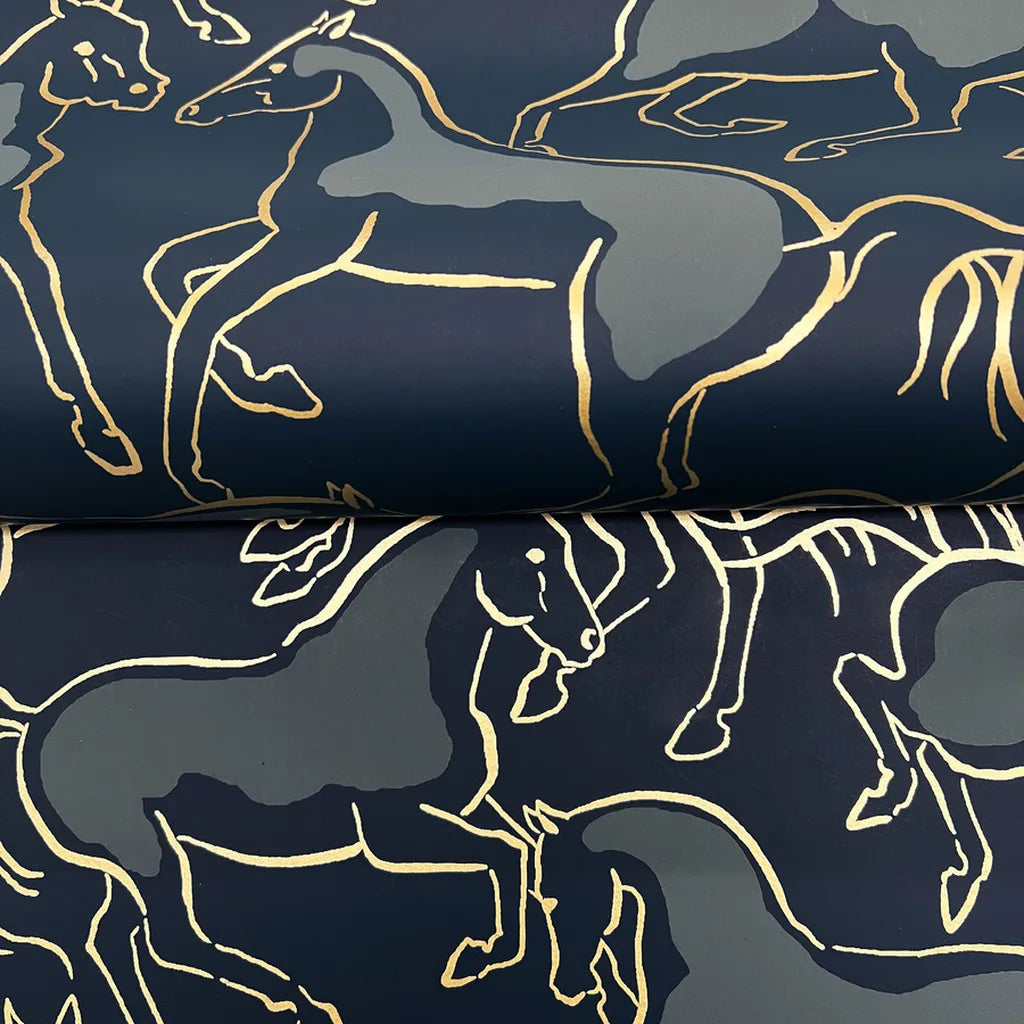 Detail shot of rich texture from York Wallcoverings' Dressage wallpaper in Navy, Grey, Gold.