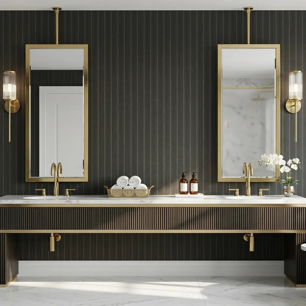 Bathroom - Modern bath with 'Elkan Stripe' wallpaper in sophisticated Charcoal Taupe by York Wallcoverings.